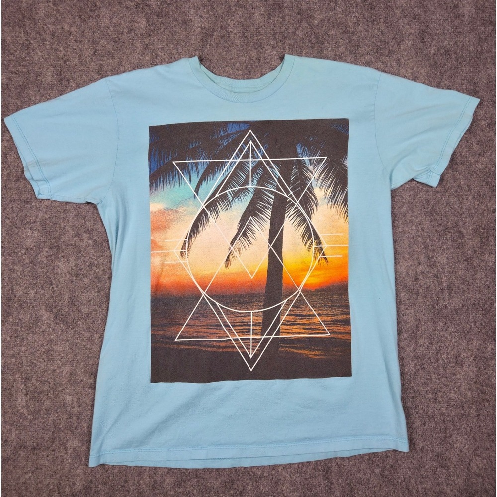Tony Hawk Graphic T-Shirt Mens Large Blue Palm Tree Sunset Geometric Skate Tee